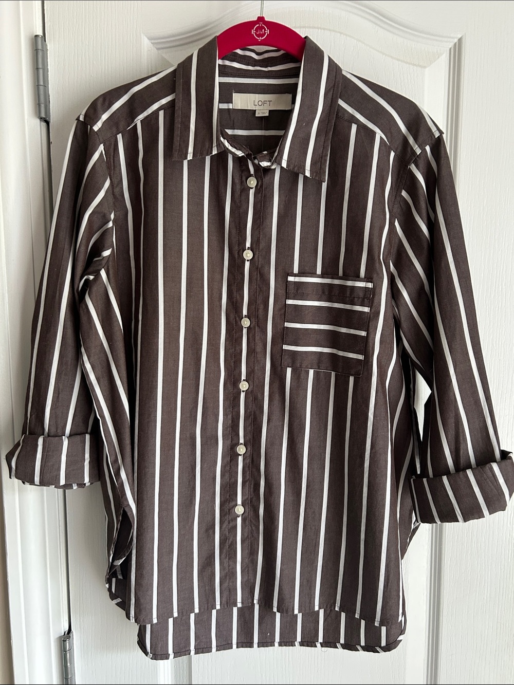 LOFT Striped Button-Down Shirt in Brown and White NWT Small - Picture 2 of 5